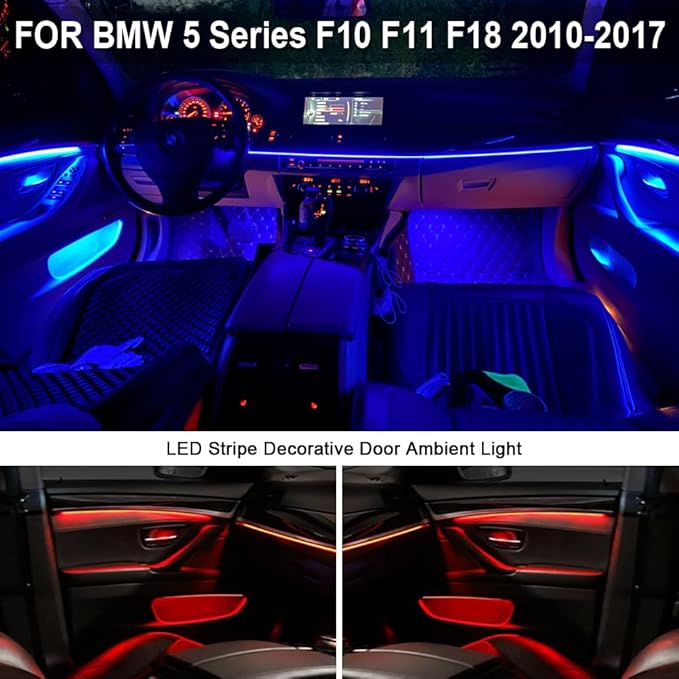 2 Colors Interior LED Stripe Decorative Door Ambient Light Blue and Orange for BMW 5 Series F10 F11 2010-2017 (Carbon Fiber)