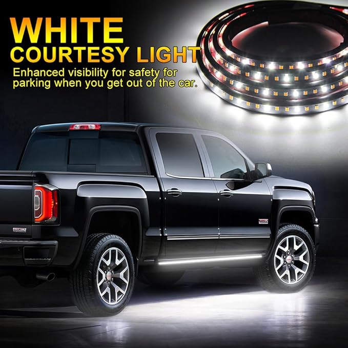 Truck LED Running Board Lights Amber Side Marker Kit, White Courtesy Lights Extended Crew Cab 2pc 48Inch 144 Led Bar Bed Light Switchback Underglow Strip for Pickup Trucks SUV Car Work (48Inch Board)