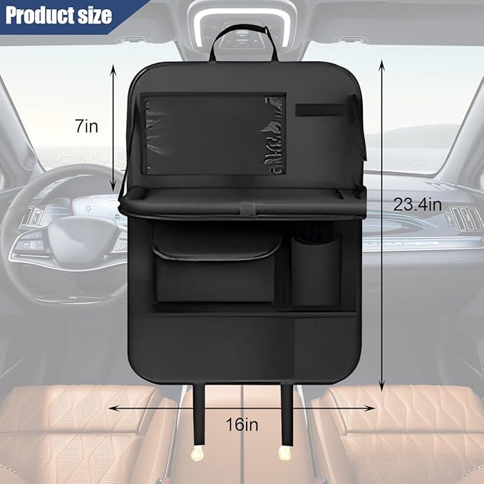 Car Backseat Organizer with Foldable Table Tray, 6 Storage Pocket Vehicle Seat Back Protector Kick Mat with Touch Screen Phone Holder, Auto Seat Organizer for Travel, Universal Fit (Black)