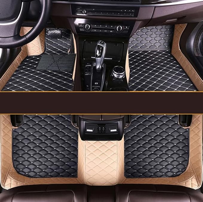 Customize Car Floor Mats for 99% Sedan SUV Sports Car All Weather Leather Full Coverage Waterproof Non-Slip Vehicle Lining Pads (Black Beige Stitching)
