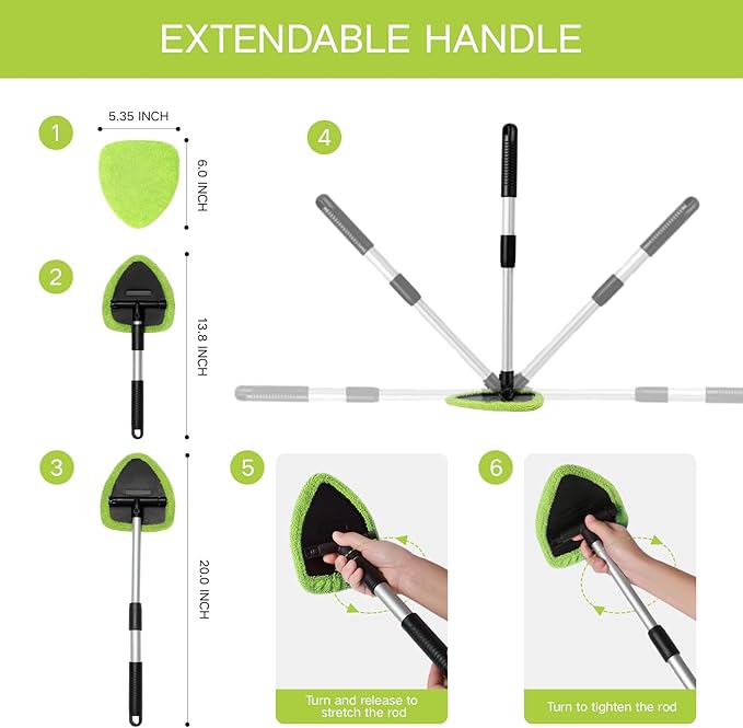 Qydipclin 7pcs Windshield Cleaner Tool Car Window Cleaning Wash Kit with 4 Reusable Microfiber Pads 1 Spray Bottle and Extendable Handle Auto Glass Wiper Kit, Green