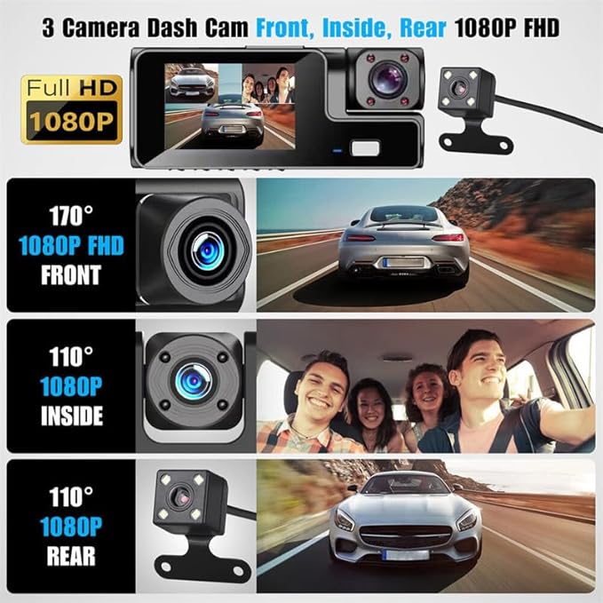 1080P 3Channel Dash Camera for Car Front and Rear Inside Dashcam Car Video Recorder,170°Wide Angle Vehicle Cam,WDR,G-Sensor,2’’ IPS Screen,Loop Recording,Night Vision (3Channel Dash Cam Without Card)