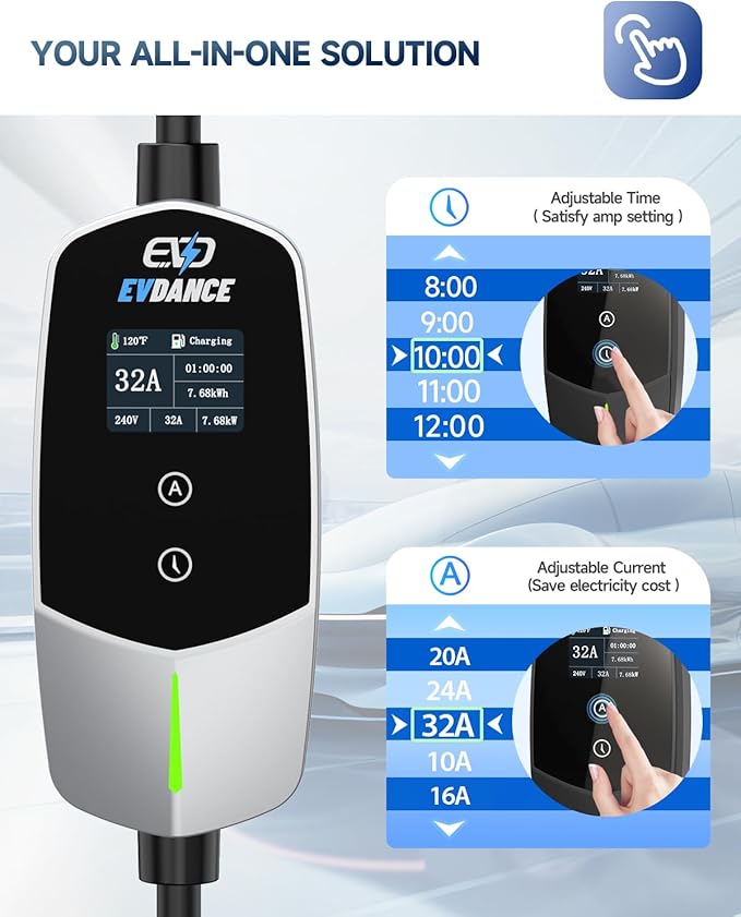 EVDANCE Level 2 EV Charger - Portable 32A EV Chargers NEMA 14-50 with 25ft Cable, Adjustable Current/Delay Charging for Electric Car Charger