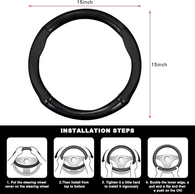 Car Breathable Steering Wheel Cover, Carbon Fiber Wear-Resistant Steering Wheel Protector for Comfy Grip, Universal Non-Slip Leather Wheel Sleeve for Most Car SUV Truck (Black)