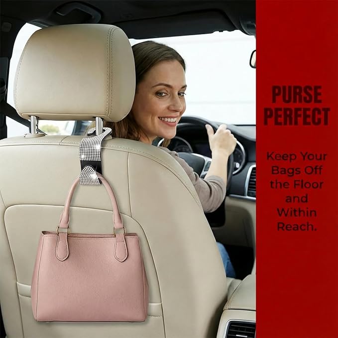 4PCS Bling Car Seat Headrest Hooks, Crystal Rhinestone Vehicle Back Seat Hanger Holder, Auto Interior Headrest Hanging Storage Organizer for Purse Handbag Coat, Universal Fit (AB Color)