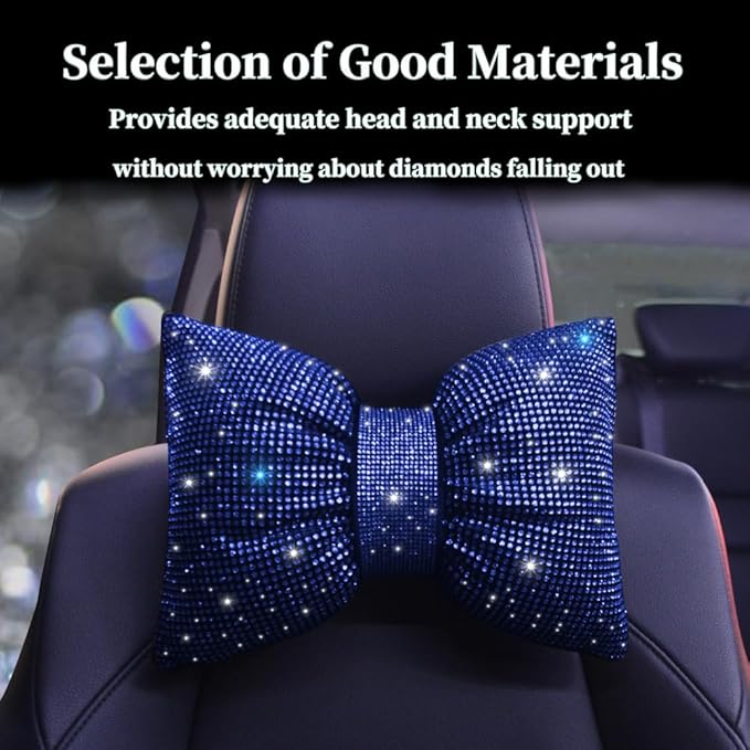 Automotive Headrest Cushion Colorful Bowknot Car Headrest Pillow Bling Bling Rhinestones and Crystal Support Black Bling Auto Accessories Driver Neck Support Blue 2Pcs