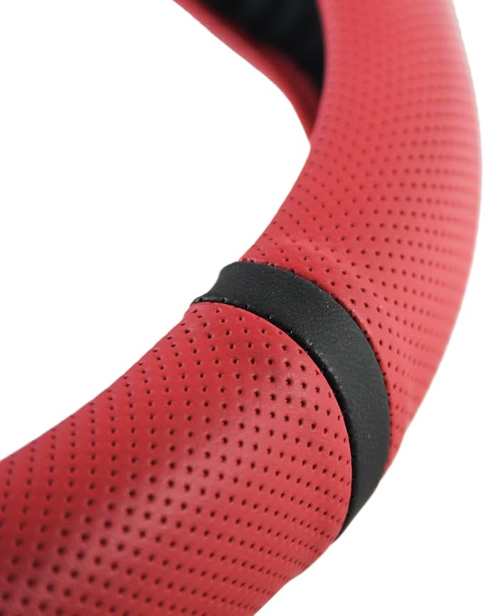 Quick Install Sporty Red Wine Burgundy Perforated Nappa Leather Steering Wheel Cover with Black Top Stripe Universal fit 14.5 to 15 inches Car Sedan SUV Pickup