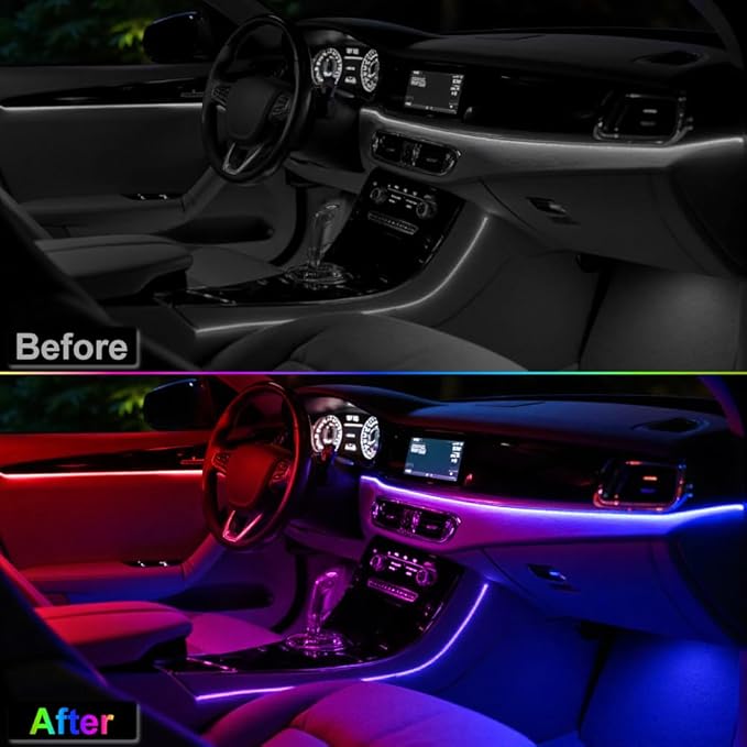 Acrylic Interior Car Ambient Lighting Kits, LED Strip Lights with Wireless APP, Neon Fiber Optic Lights Function LED Strip for Car with Music Modes (6 in 1)