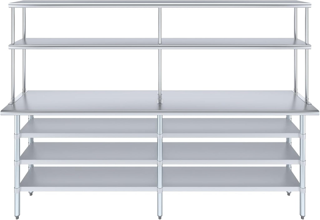Amgood 18" x 96" Stainless Steel Work Table with 3 Shelves and 12" Wide Double Tier Overshelf | Metal Kitchen Prep Table & Shelving Combo | NSF