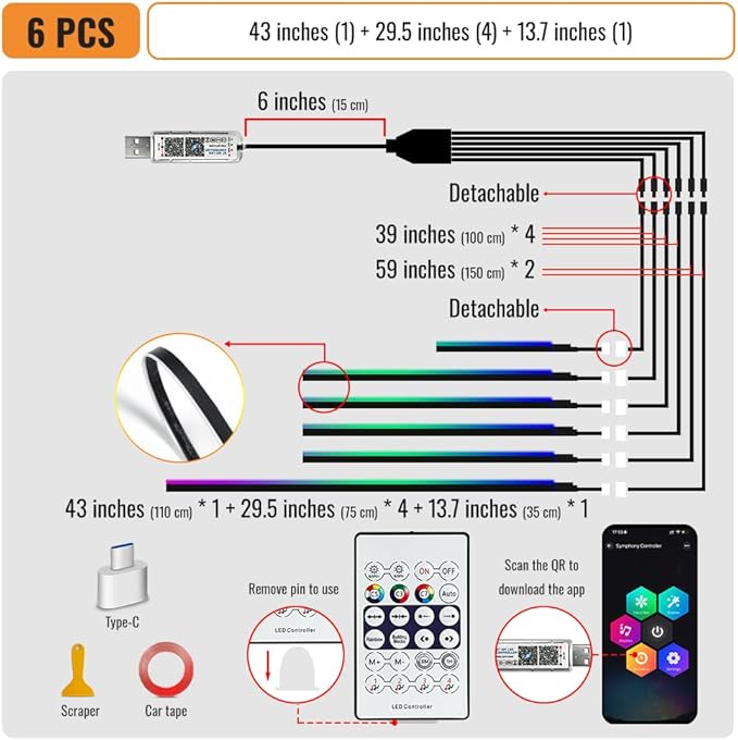 Acrylic Car Led Lights Interior with APP,Universal RGB Acrylic Ambient Lighting Car Kit,175 inch Neon Flexible Fiber Optic Led Strip Music Sync Lights for Car,6 in 1 USB Power Dashboard Decorations