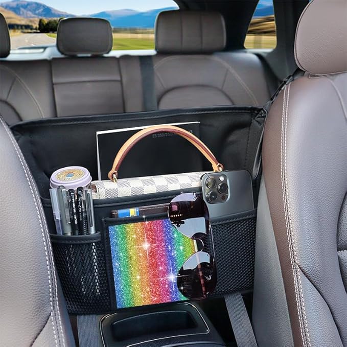 Color Diamond Car Handbag Holder Between Seats Bling Rhinestone Car Storage Bag Large Capacity Purse Phone Automotive Consoles Organizer Safe Barrier of Backseat Pet Kids…