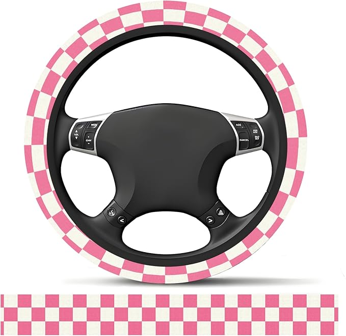 Elastic Car Steering Wheel Cover, Universal 16 inch Non-Slip Breathable Neoprene Steering Wheel Protector, Car Accessories for Women Men Fit Auto, Suvs, Truck Pink Checkerboard