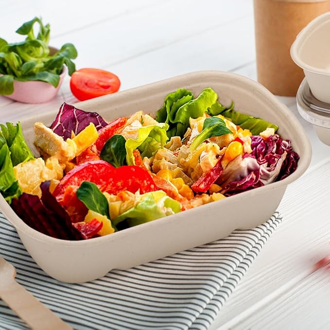 100 Pack 23 Oz Disposable Meal Prep Containers with Lids, Rectangle Paper Bowls with Lids for Salad,Leftovers, Leak-proof To Go Food Box Cardboard Lunch Box Compostable Take Out Food Containers