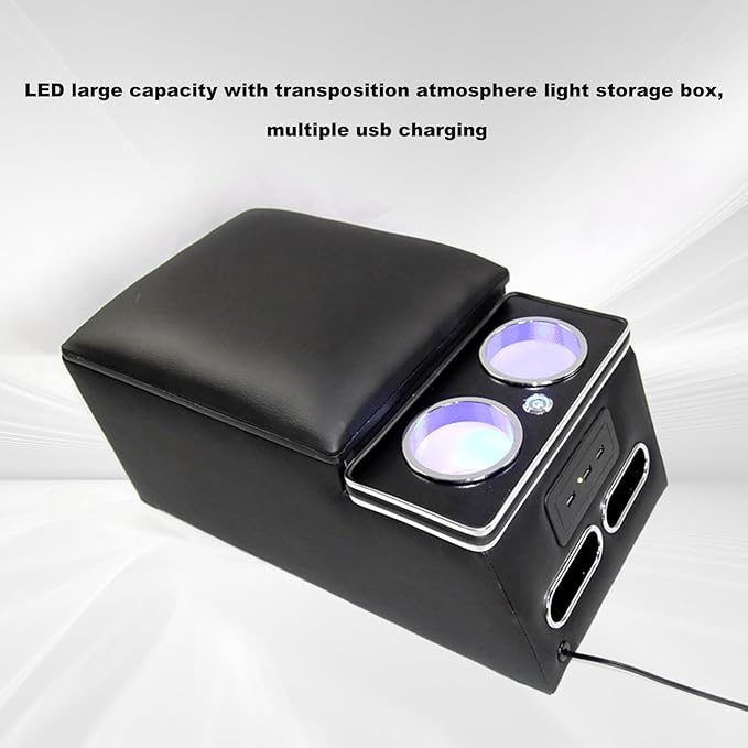 Black Universal Truck Seat/Bench Organizer with LED Light, USB Port, Cup Holders, Armrest, Padded Top Lid - Ideal for Business Upgrade Center Console Organizerand