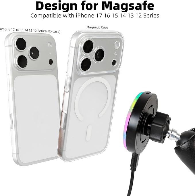 15W Magnetic Wireless Charging Phone Holder with 3.54" Medium Arm for MagSafe, 1" Ball Mount Adapter for RAM Mounts, Compatible with iPhone 17/16/15/14/13/12 Series