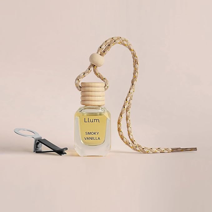 Llum Smoky Vanilla Hanging Car Air Freshener – Luxury Automotive Perfume Diffuser 10ml (0.34 fl oz), Long-Lasting Fragrance, Alcohol-Free Non-Toxic Scent, Glass Bottle With Wood Cap & AC Vent Clip