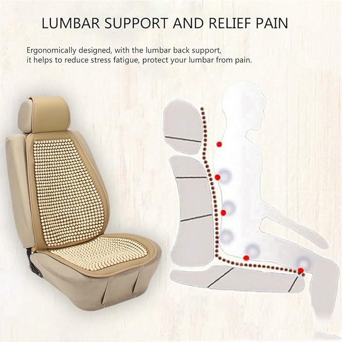 JSCARLIFE Tilia Wood Beaded Car Seat Cover - Breathable Ergonomic Driver Cushion for Cars/Trucks/SUVs | Hand-Knotted Beads, Lumbar Support & Cooling Tech (Beige)