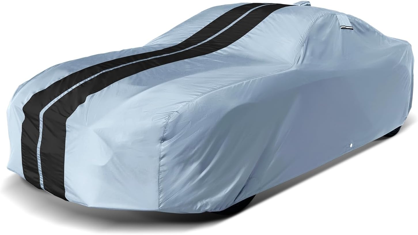 iCarCover Custom Car Cover for Chevy Bolt EV (2017-2025) Waterproof All Weather Rain Snow UV Sun Protector Full Exterior Indoor Outdoor Car Cover (Stripe - Gray/Black)