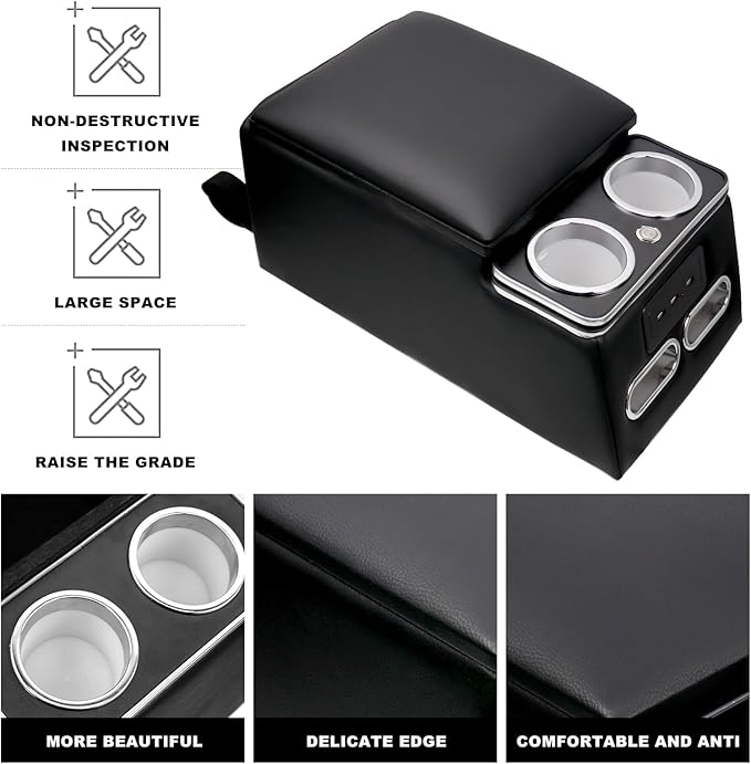 Black Universal Truck Seat/Bench Organizer with LED Light, USB Port, Cup Holders, Armrest, Padded Top Lid - Ideal for Business Upgrade Center Console Organizerand