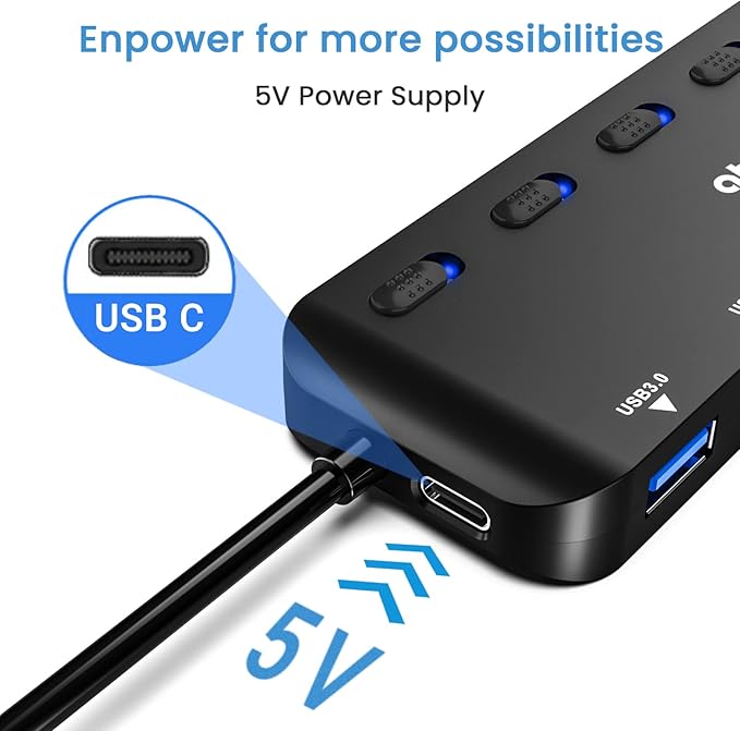 USB 3.0 Hub, atolla 7-Port USB Hub Splitter with Individual On/Off Switches and Lights, 3.28Ft Extended Cable, Suitable for Laptop, PC, MacBook, Keyboard, Mouse, Flash Drives ﻿