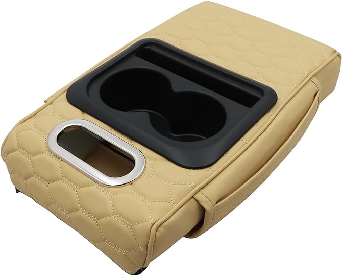 Priprilod Beige Car Center Console Armrest Pillow, Memory Foam with Cup Holder and Cell Phone Holder, Multifunctional Car Center Console Organizer, Universal Fit for Most Car Interior Accessories