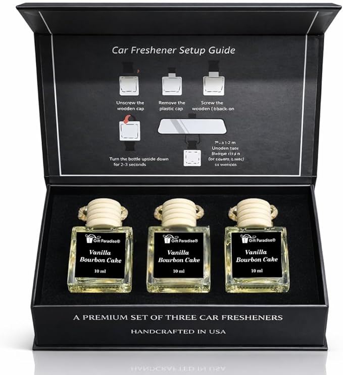 Gift Paradise® Vanilla Bourbon Cake Car Air Freshener Set of 3 (10 ml Each) – Premium Hanging Diffuser with Magnetic Luxury Gift Box, Sweet Vanilla Cake & Warm Bourbon Scent, Long Lasting Car Perfume
