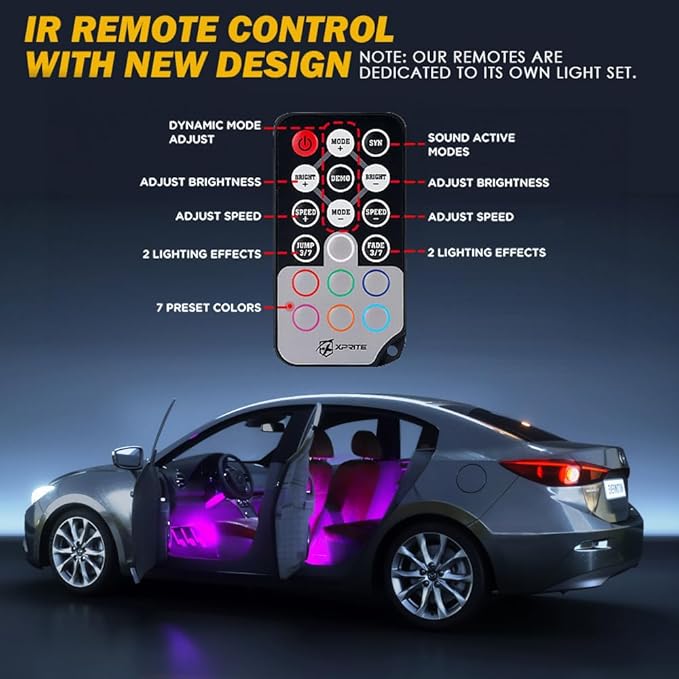 Xprite RGB LED Car Interior Bluetooth Light Strips w/Remote & Control Box, Silicone Sealed, Under Dash Footwell Lights Kit w/Cigarette Adapter for Vehicle Internal SUV Truck - 4 PCS