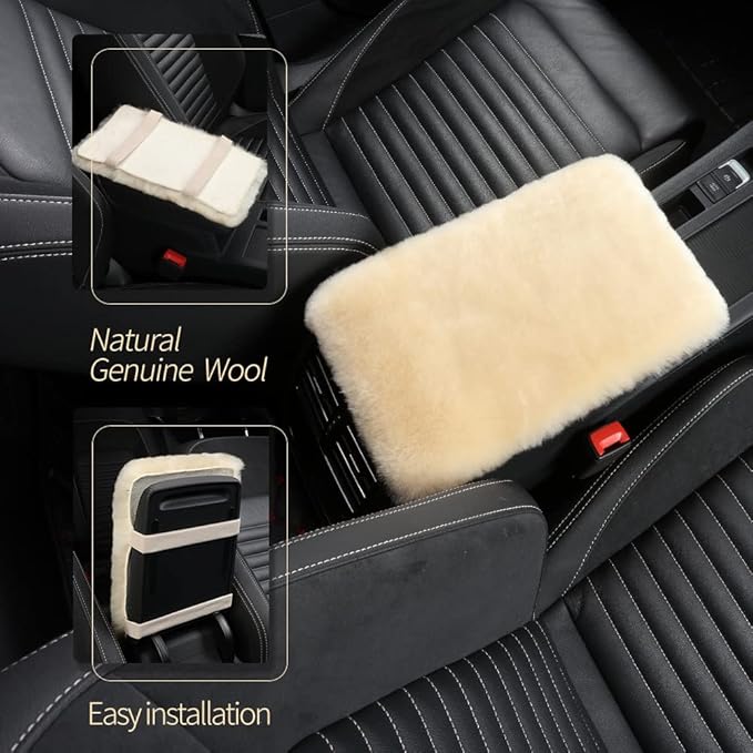 Sheepskin Armrest Cover Auto Center Armrest Cover Car Soft Console Pad, Fluffy Wool Auto Center Console Cover for Most Car Arm Rest Decoration Protector 7 x 13 Inch (Shearling, Ivory White)