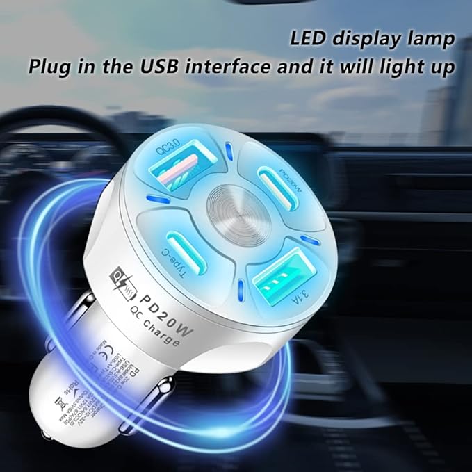 4 Port Car Charger USB C Adapter with LED Light,Quick Charge with Type C/PD 20W/QC 3.0 Fast Charging CCar Cigarette Lighter Adapter for iPhone 14 13 12 S22 S21 S20 iPad Pro& More Car (White)