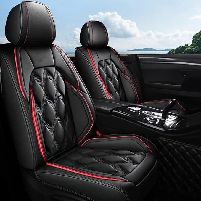 AOMSAZTO Car Seat Covers Full Set Fit for Nissan Titan 2009-2025 2026 Waterproof Faux Leather Car Seat Cushions Automotive 5 Seat Covers Set（Black&Red）
