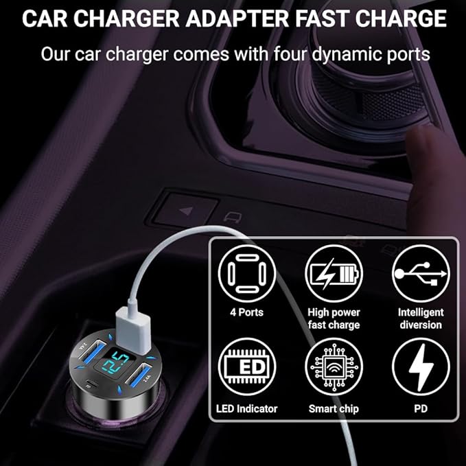 66W 4-Port Car Charger – PD & QC 3.0 Fast Charging Cigarette Lighter Adapter, Dual Type-C + Dual Type-A Ports Compatible with iPhone, Android & Tablets