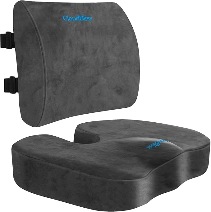 CloudBliss Lumbar Support Pillow & Seat Cushion Set for Office Chair, Desk Chair, Wheelchair & Car – Memory Foam Back Support, Ergonomic Chair Cushions, Sciatica Pain Relief, Home Essentials, Grey