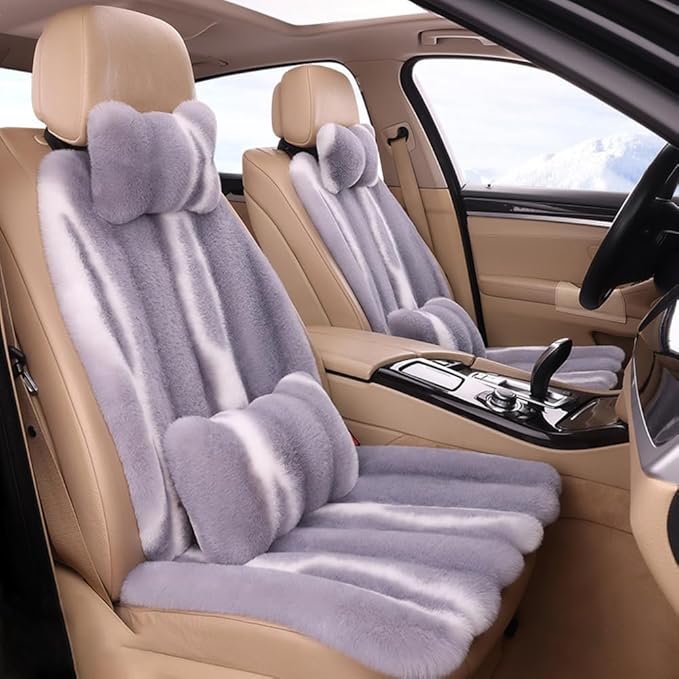 Luxury Plush Car Seat Cushion Set Car Headrest & Lumbar Support & Seat Cushion & Back Support Pillow Fluffy Fuzzy Car Seat Covers Non-Slip Cushion for Universal Accessories Automobiles (8, Grey)