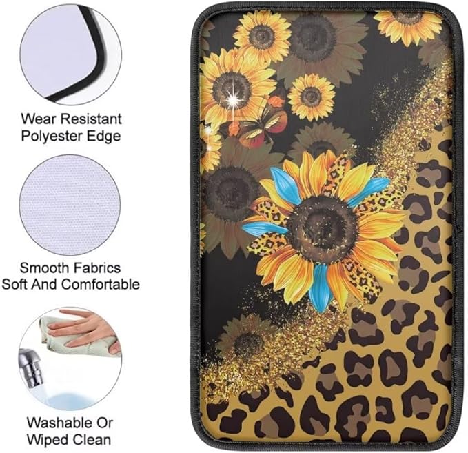 Coldinair Sunflower Leopard Print Car Armrest Cover,Auto Center Console Pad,Soft Seat Box Cover Protector Cushion,Car Accessories Decor for Most Cars,Sedan,Truck,SUV