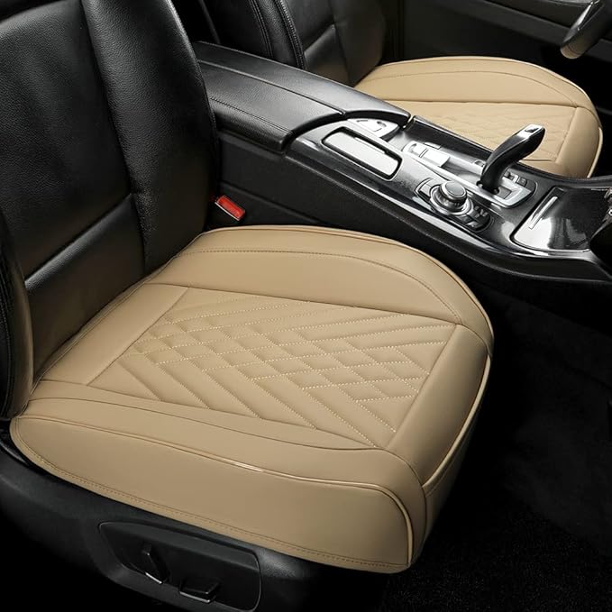 GIANT PANDA 2pcs Front Car Seat Covers Bottom Seat Covers, PU Leather Driver Car Seat Protectors Fits 95% of Vehicles, Wrapping Around The Bottom (Beige)