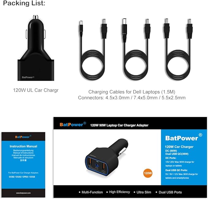 BatPower CCD2 High Power Delivery 120W Car Charger Compatible with Dell Inspiron Latitude XPS Mini Precision Studio Vostro Laptop Notebook DC 12v-24v Auto Adapter