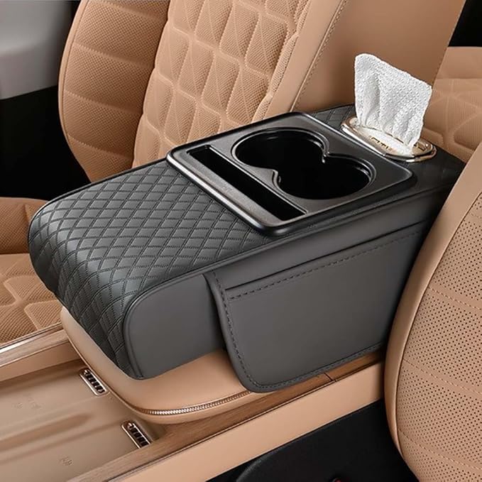Car Armrest Cushion for SUV with Cup Holder 2.75" Height,5-in-1 Center Console Cover with 2 Storage Bags, Tissue Box Slot, Phone Slot for Sedans, Accessories Interior Organizers (Grey)