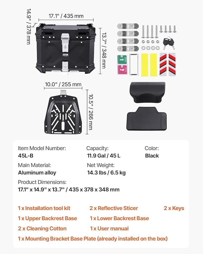 VEVOR Motorcycle Top Case 45L, Universal Aluminum Alloy Motorbike Tail Box with Leather Lining, 45L Waterproof Detachable Motorcycle Top Box with Lock & Back Cushion, Fit for 99% of Motorcycle Frames