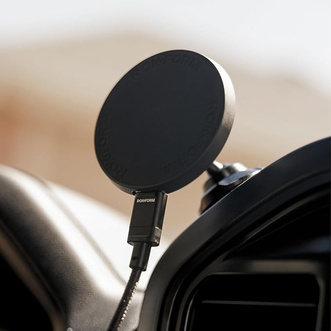ROKFORM Wireless Car Charger, Magnetic Swivel Dash Mount, Compatible with Mag Safe Cases, Adhesive Phone Holder, USB-C to USB-C Cable Included (Black)