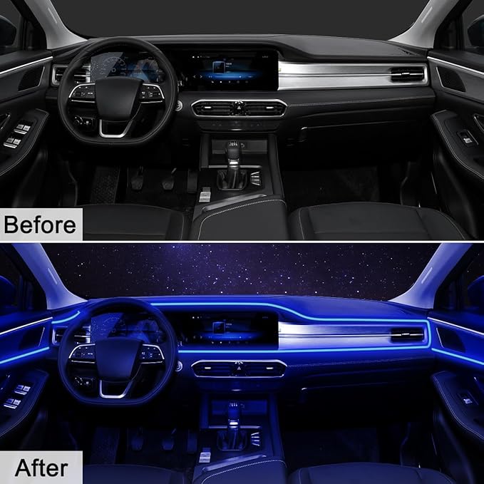 Interior Car Lights, 9 in 1 Car LED Strip with Wireless APP/RF Remote/Button Control, 16 Million Colors Ambient Lighting Kit with 5 Fiber Optic LED Strips & 4 Under Dash Lights