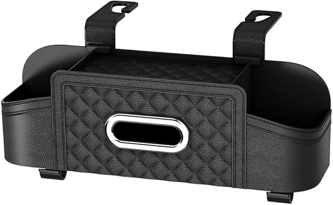 Car Backseat Organizer, 4-in-1 Multifunctional Vehicle Seat Back Tissue Box with Cup Holder & Hook, Automotive Backseat Hanging Storage Box for Bag Phone Drink, Universal for Vehicles (Black)