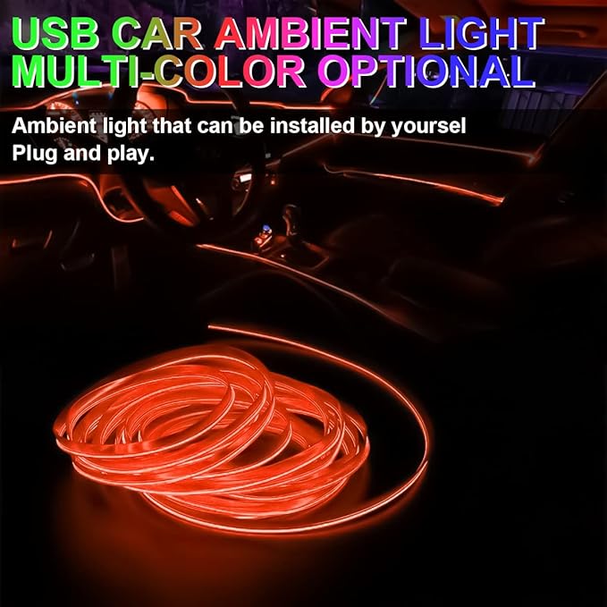 EL Wire LED Strip Lights, 10FT/3M USB Auto Neon Light Strip with Sewing Edge, Electroluminescent Car Ambient Lighting Kits with Fuse Protection, Car Decoration Accessories (Orange/10FT)