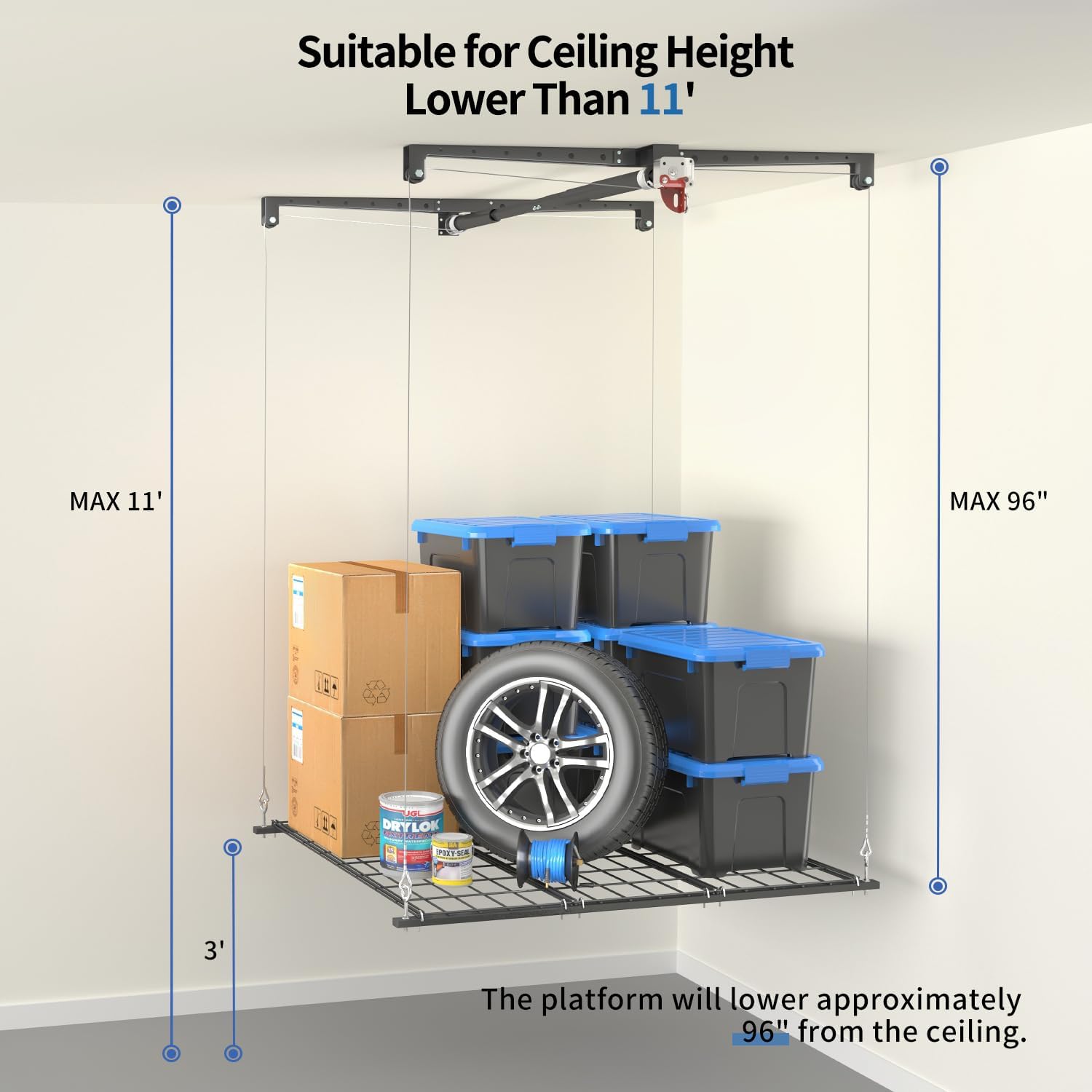 Overhead Garage Storage Rack, Heavy-duty 4x4 Ft Ceiling Storage Racks with Safety Lock, Ideal for Garage Storage Mounted Lift System and Storage Organizer, 250lbs Capacity