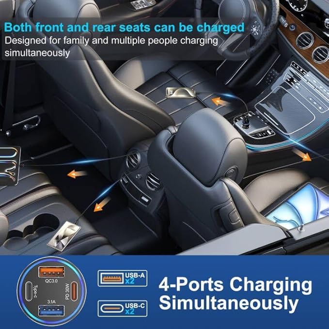 iPhone 17/16 Pro Max Car Charger, 65W 4-Port USB C Cigarette Lighter Adapter Fast Charging Car Charger Adapter with 6FT Braided USB C Cable for iPhone 17/16 Plus/16 Pro/16 15 Pro Max,iPad Pro/Air/Mini