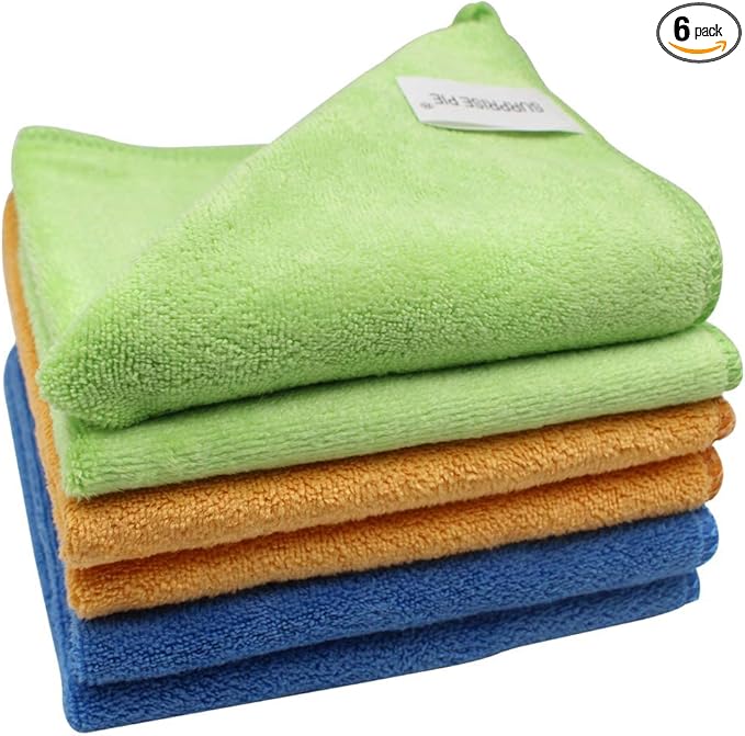 Microfiber Cleaning Cloth for Kitchen Housekeeping Dish Electronics Dust Rags Thick Lint Free Car Wash DryingTowel (12"x12") Green/Blue/Orange -6 Pack