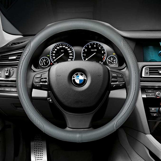VARGTR Microfiber Leather Steering Wheel Cover, Classic Embossing, Anti-Slip, Breathable, 15 Inch, Gray