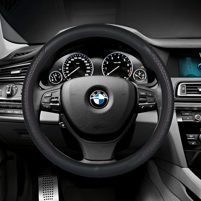 VARGTR Steering Wheel Cover - Microfiber Leather, Classic Embossing, Anti-Slip Breathable, Fit 15 Inch (Black & Red Line)