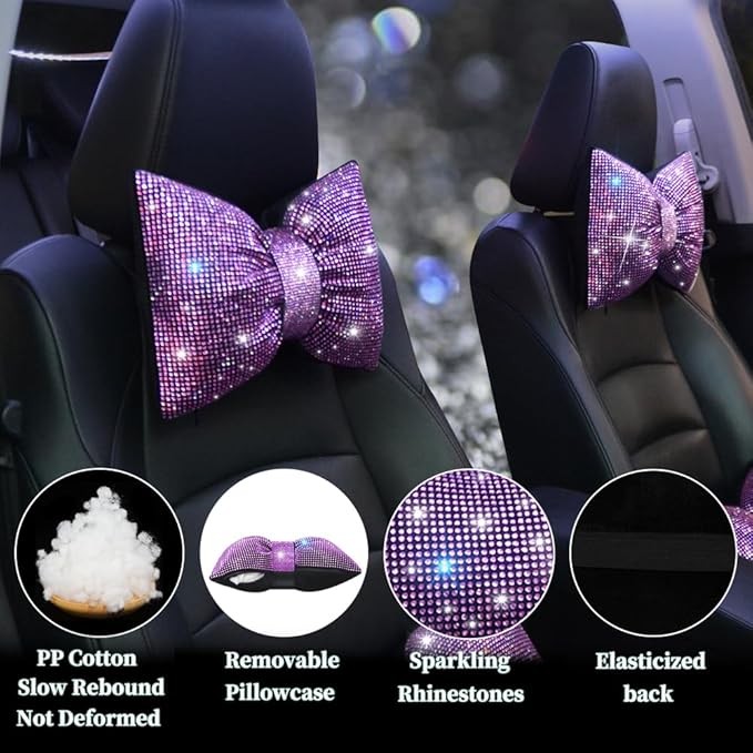 Car Pillow Headrest Auto Seat Headrest Cushion with Bow Tie Sparkly Bling Bling Rhinestone Accessories for Women Girls and Ladies Travel Comfort Head and Neck Rest Pink 2Pcs