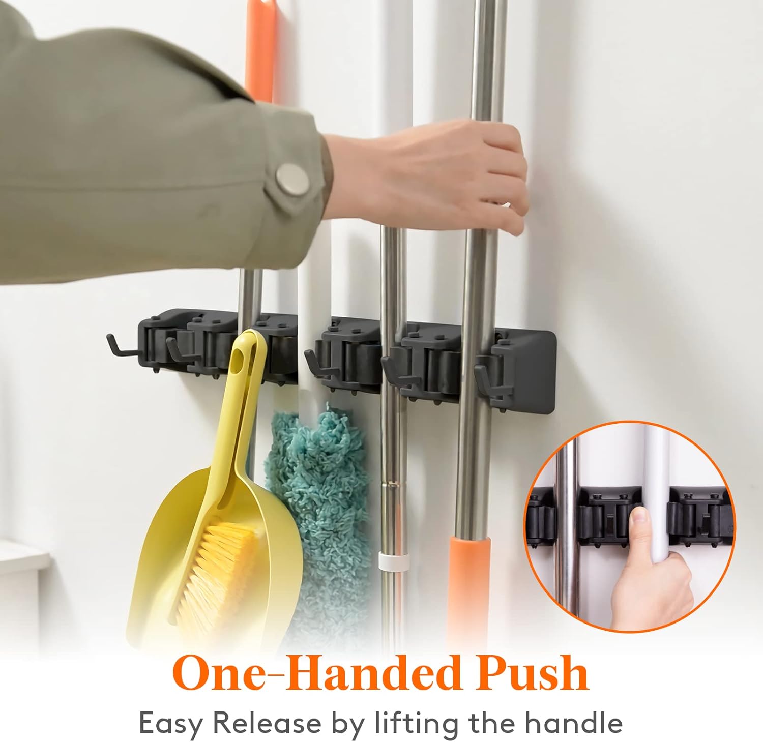 Lifewit Mop and Broom Holder Wall Mount, Anti-Slip Broom Hanger for Kitchen Organization, Heavy Duty Cleaning Supplies Organizer, Easy Install Tool Organizer for Closet, Garage, 2 Pack, Black