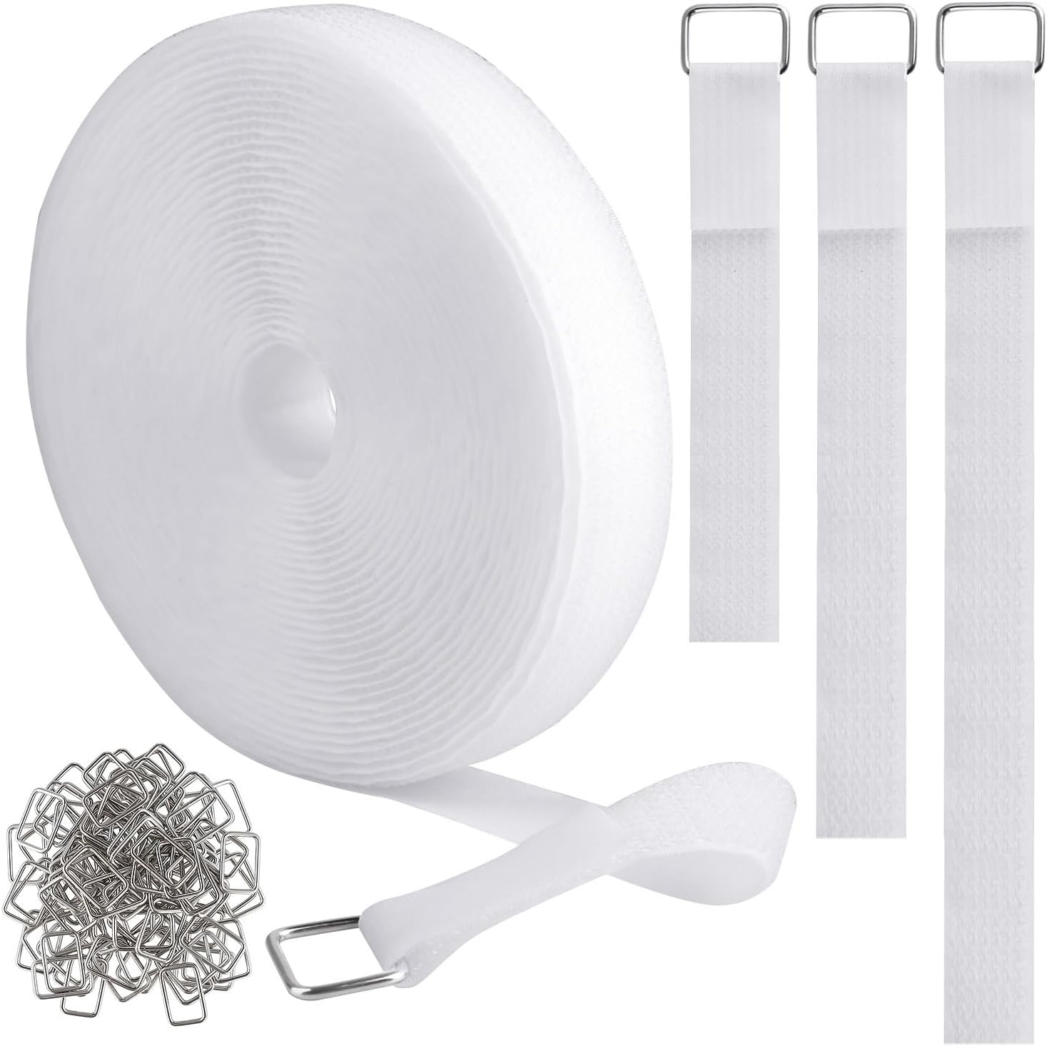 1"x32ft Hook and Loop Straps with 50 Metal Buckles, Adjustable Fastening Cable Straps, Cut-to-Length Cinch Strap, Reusable Nylon Securing Cord Ties for Organizer or Storage, 1 inch Wide, White